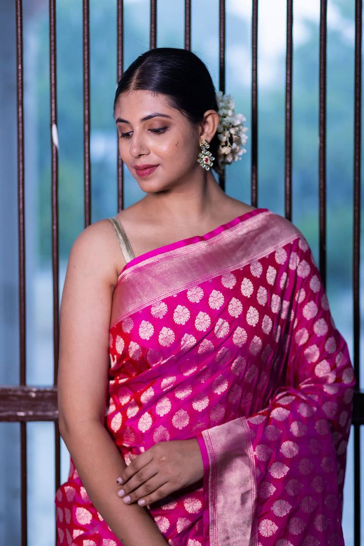 Handloom  Hot Pink Pure Katan Silk  Banarsi Saree - Mayrake