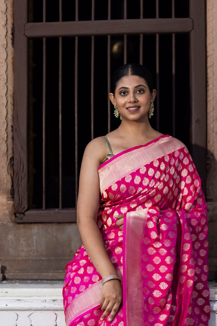 Handloom  Hot Pink Pure Katan Silk  Banarsi Saree - Mayrake
