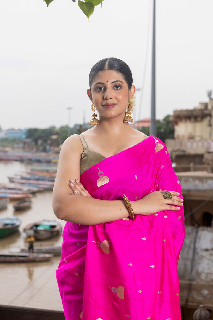Handloom Hot Pink Pure Katan Silk Banarsi Saree - Mayrake