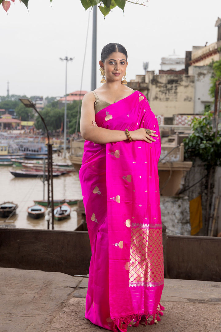 Handloom Hot Pink Pure Katan Silk Banarsi Saree - Mayrake