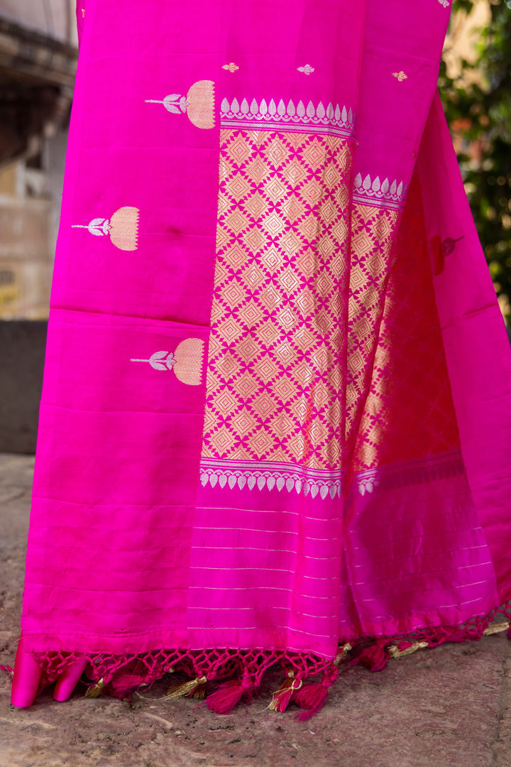 Handloom Hot Pink Pure Katan Silk Banarsi Saree - Mayrake