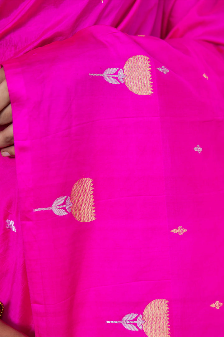 Handloom Hot Pink Pure Katan Silk Banarsi Saree - Mayrake