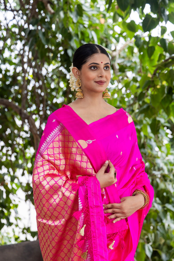 Handloom Hot Pink Pure Katan Silk Banarsi Saree - Mayrake