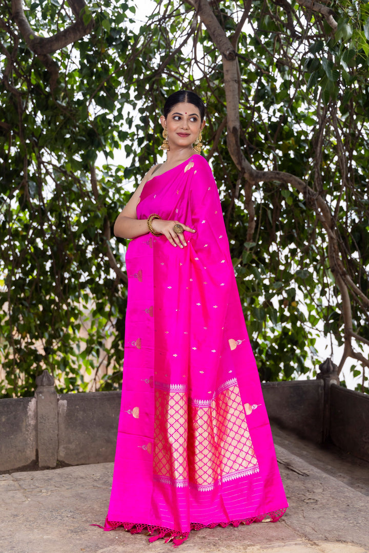 Handloom Hot Pink Pure Katan Silk Banarsi Saree - Mayrake