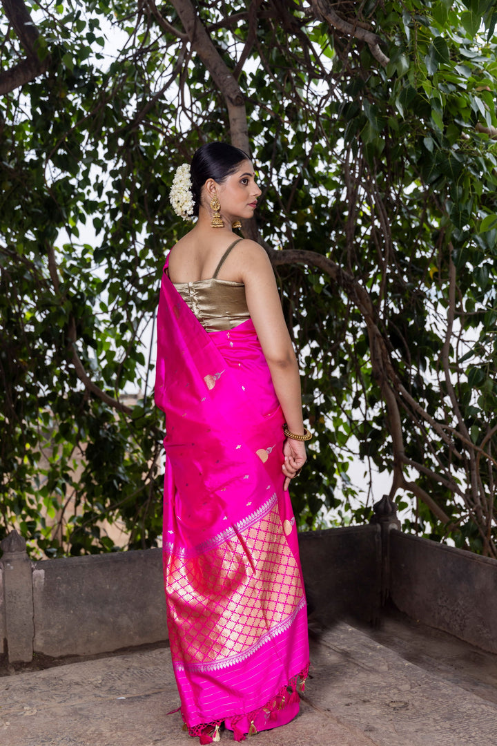 Handloom Hot Pink Pure Katan Silk Banarsi Saree - Mayrake