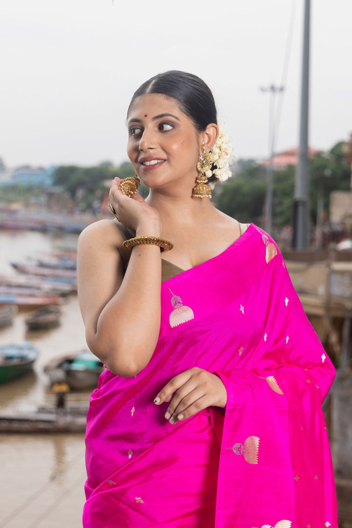Handloom Hot Pink Pure Katan Silk Banarsi Saree - Mayrake