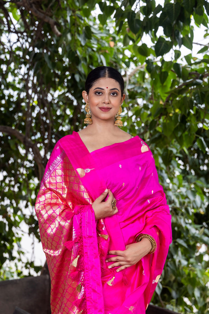 Handloom Hot Pink Pure Katan Silk Banarsi Saree - Mayrake