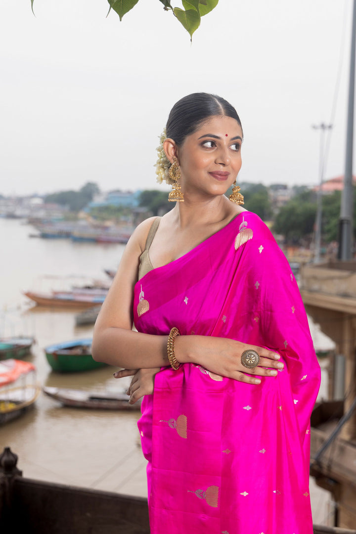 Handloom Hot Pink Pure Katan Silk Banarsi Saree - Mayrake