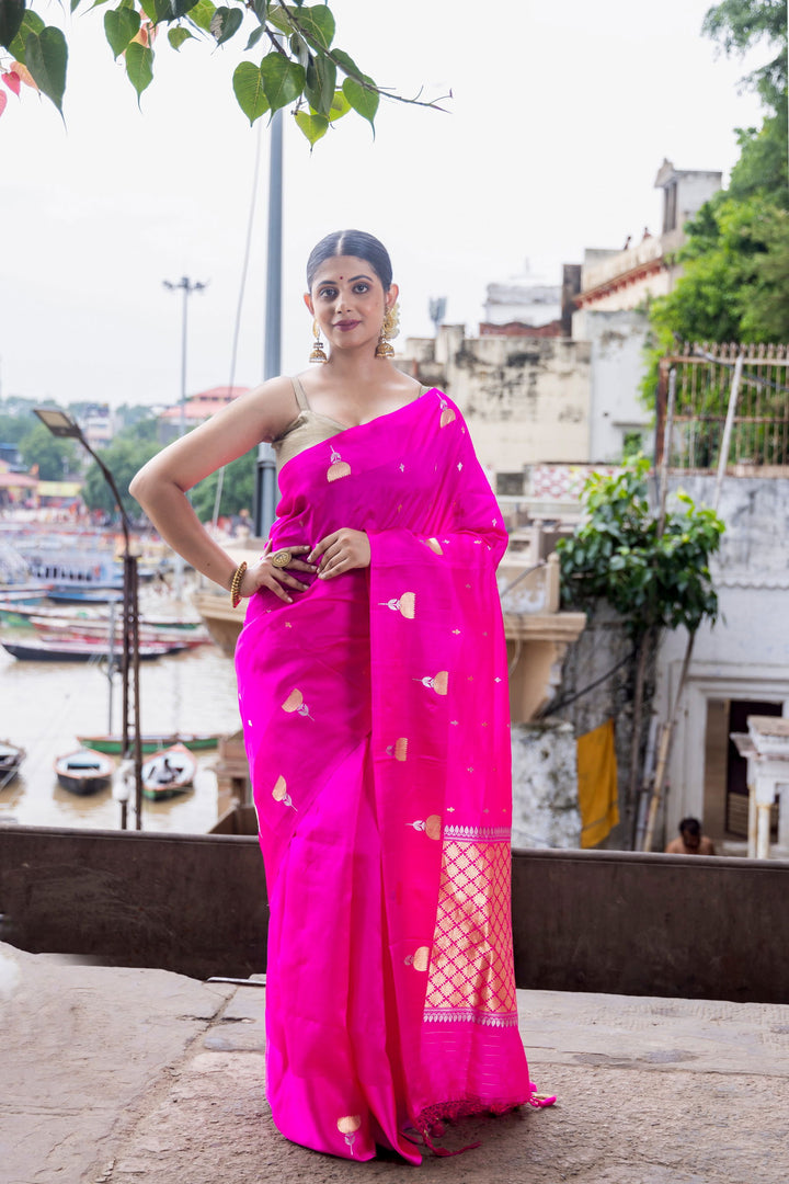 Handloom Hot Pink Pure Katan Silk Banarsi Saree - Mayrake