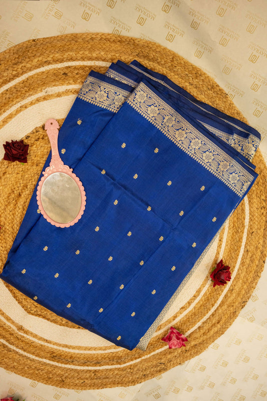 Handloom Ink Blue Pure Katan Silk Banarasi Saree - Mayrake.in
