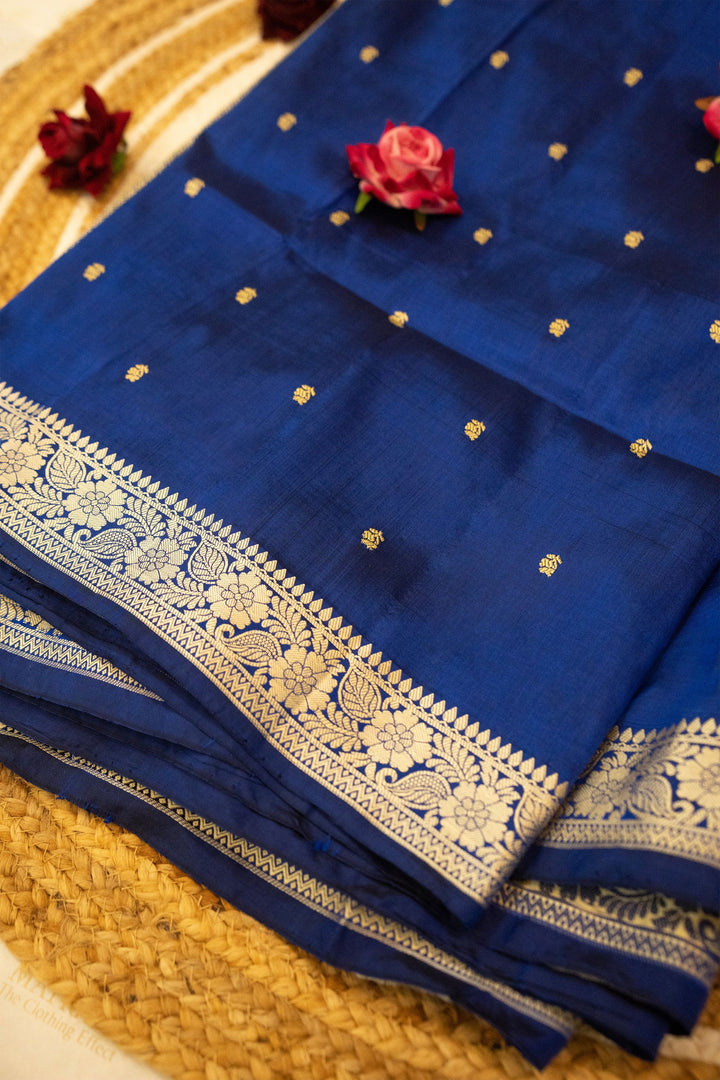 Handloom Ink  Blue Pure Katan Silk Banarsi Saree - Mayrake