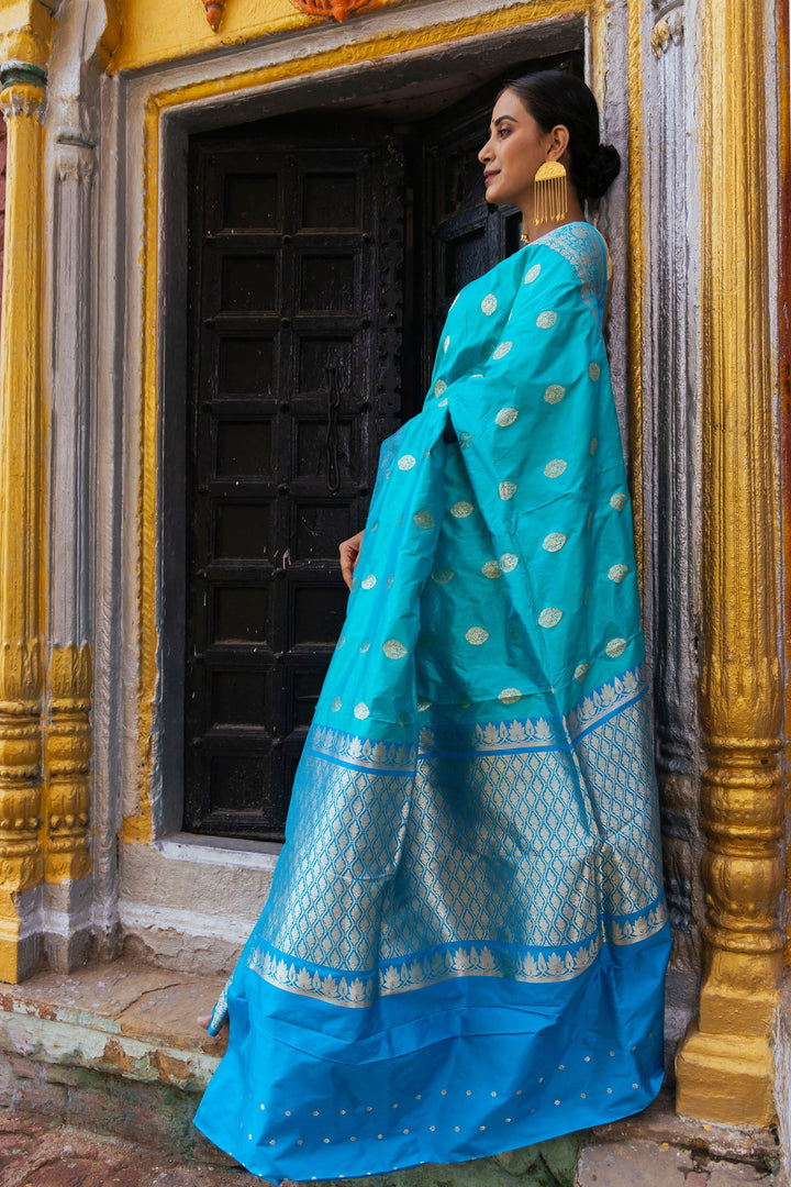 Handloom Light sky blue  Pure Katan Silk Banarsi Saree - Mayrake