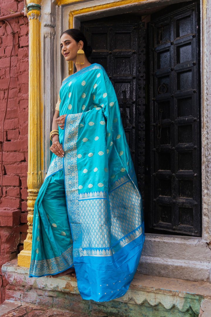 Handloom Light sky blue  Pure Katan Silk Banarsi Saree - Mayrake