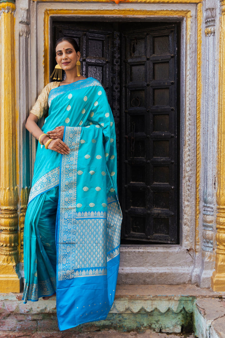 Handloom Light sky blue  Pure Katan Silk Banarsi Saree - Mayrake