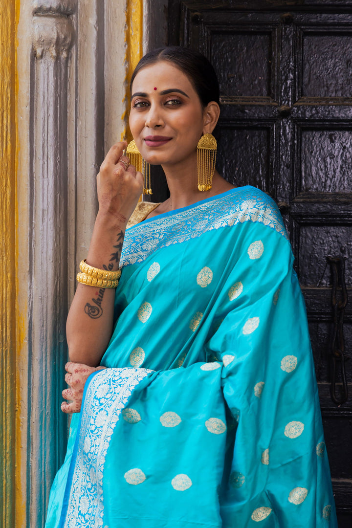 Handloom Light sky blue  Pure Katan Silk Banarsi Saree - Mayrake