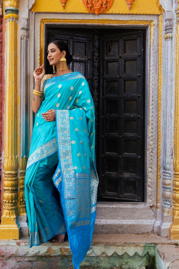 Handloom Light sky blue  Pure Katan Silk Banarsi Saree - Mayrake