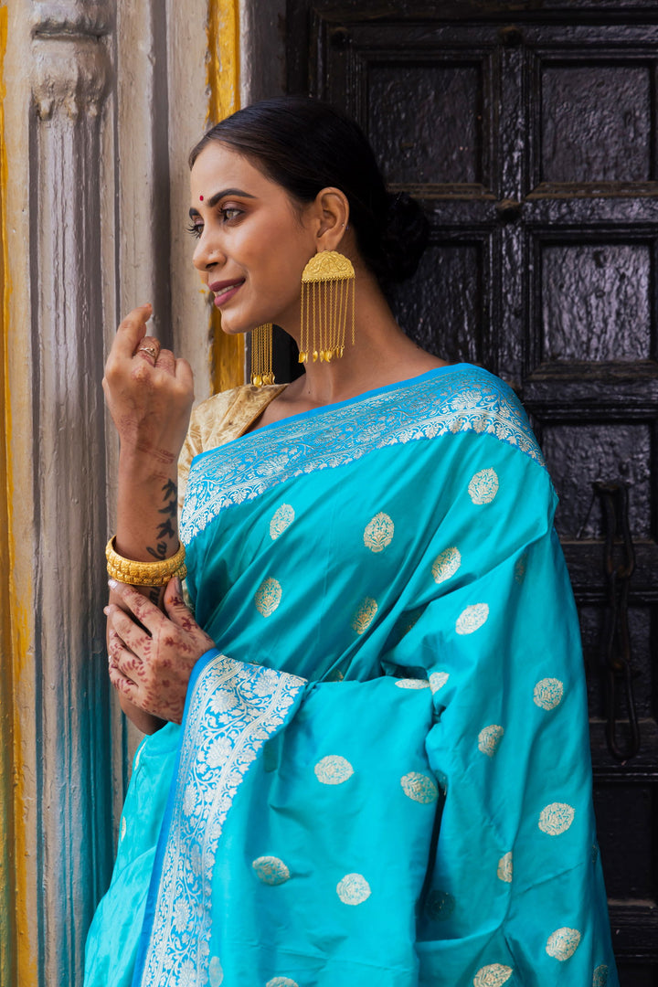 Handloom Light sky blue  Pure Katan Silk Banarsi Saree - Mayrake