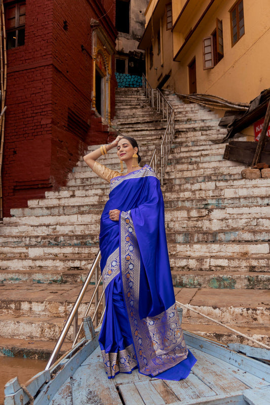 Handloom Navy Blue Mashru Satin Silk Banarasi saree - Mayrake.in