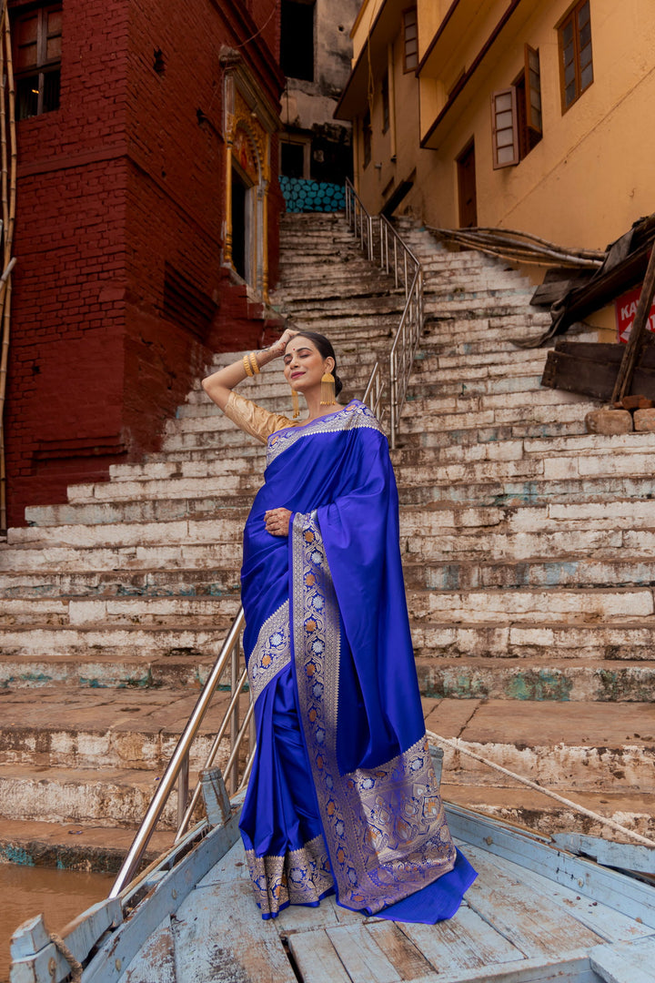 Handloom Navy Blue Mashru Satin Silk kadhwa Banarsi saree - Mayrake