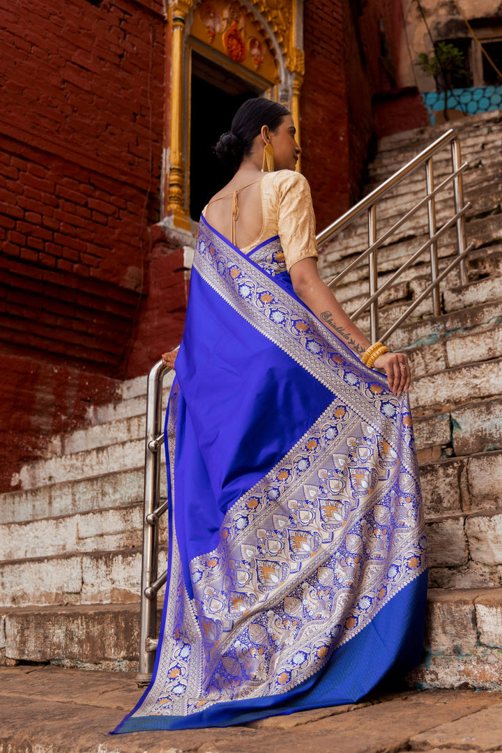 Handloom Navy Blue Mashru Satin Silk kadhwa Banarsi saree - Mayrake