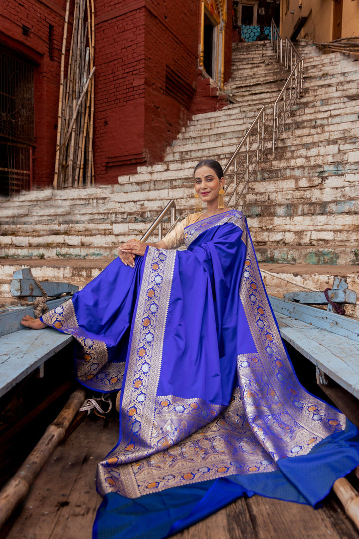Handloom Navy Blue Mashru Satin Silk kadhwa Banarsi saree - Mayrake