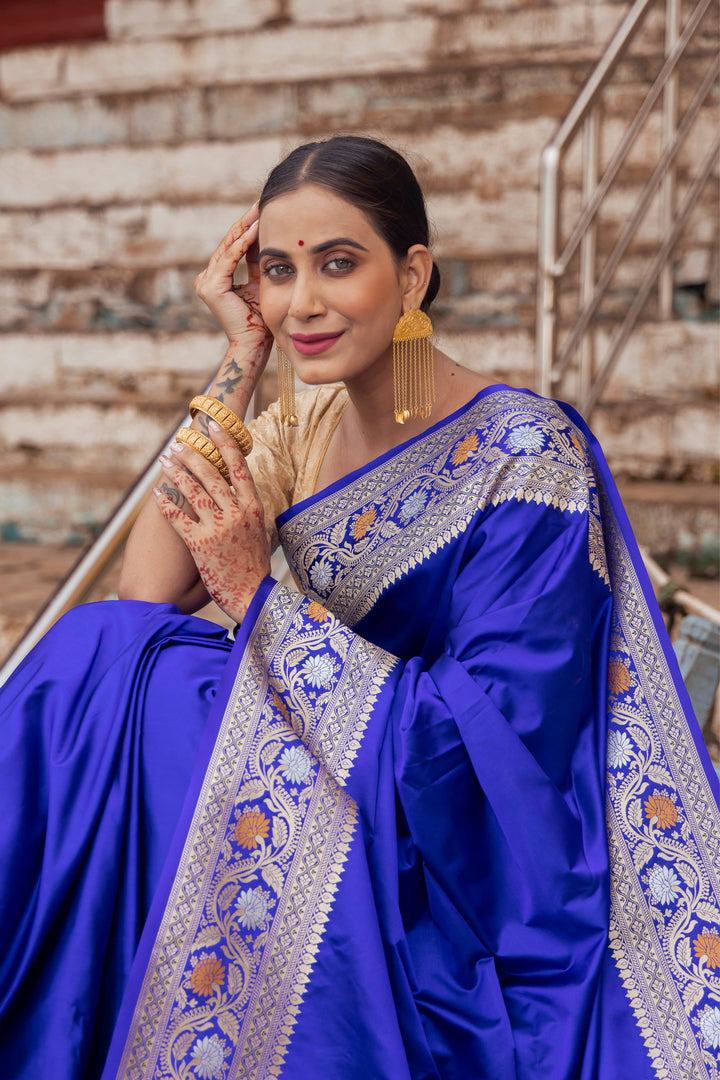 Handloom Navy Blue Mashru Satin Silk kadhwa Banarsi saree - Mayrake