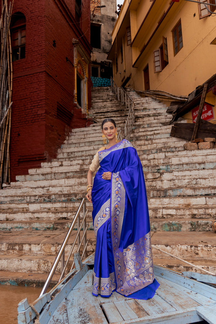 Handloom Navy Blue Mashru Satin Silk kadhwa Banarsi saree - Mayrake