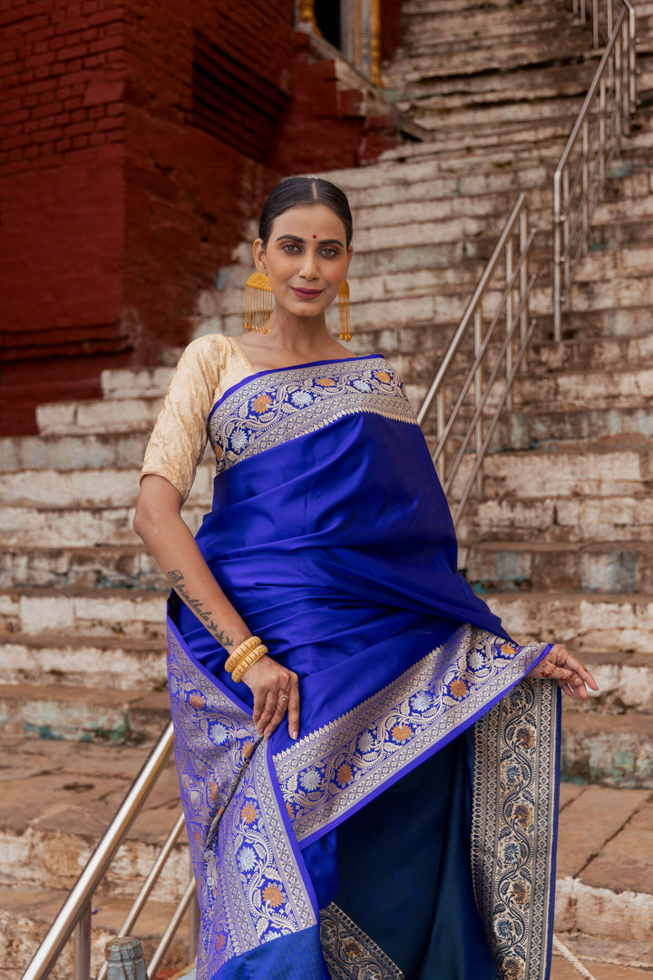 Handloom Navy Blue Mashru Satin Silk kadhwa Banarsi saree - Mayrake