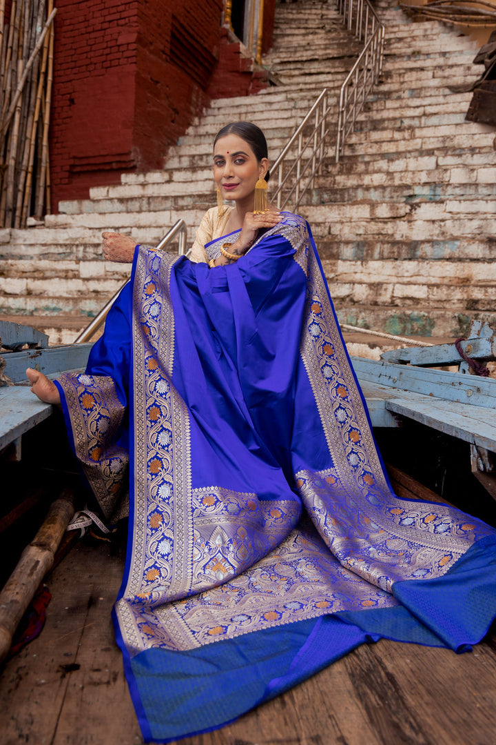 Handloom Navy Blue Mashru Satin Silk kadhwa Banarsi saree - Mayrake