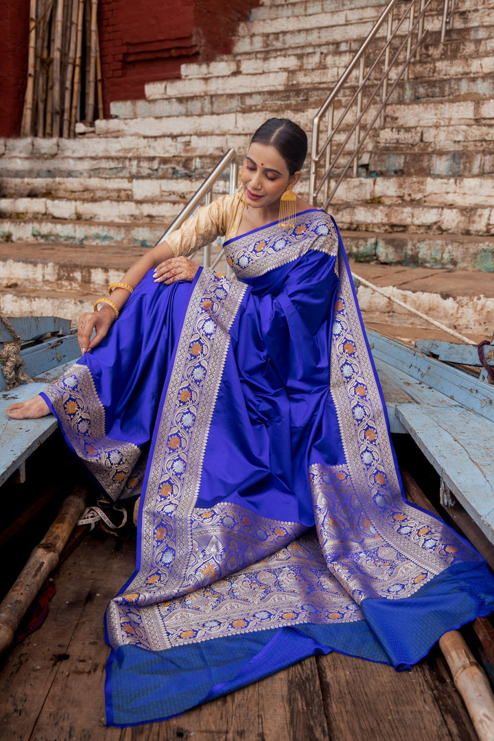 Handloom Navy Blue Mashru Satin Silk kadhwa Banarsi saree - Mayrake