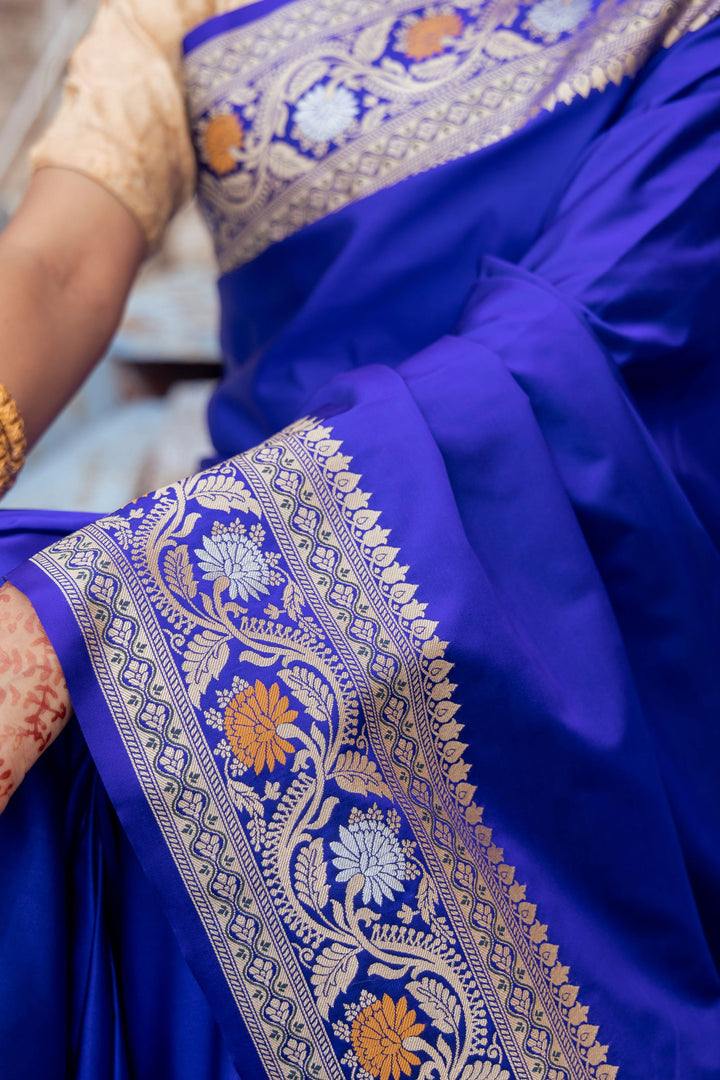 Handloom Navy Blue Mashru Satin Silk kadhwa Banarsi saree - Mayrake
