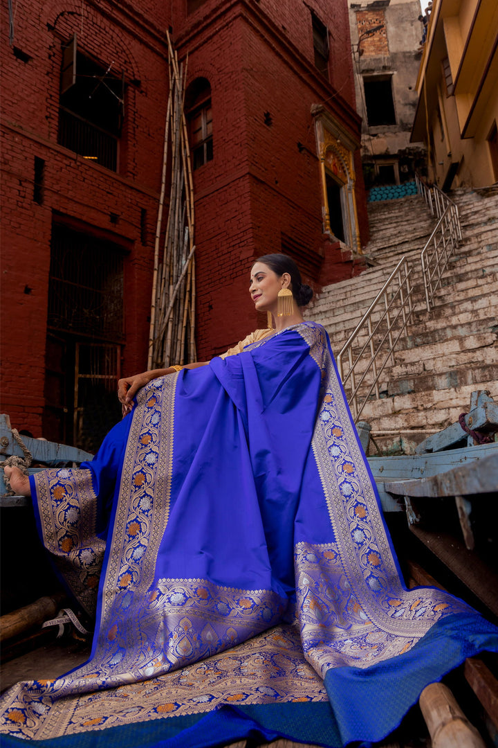 Handloom Navy Blue Mashru Satin Silk kadhwa Banarsi saree - Mayrake