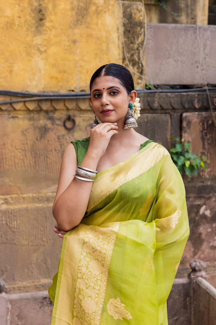 Handloom Parrot Green Pure Kora Organza Banarsi Saree - Mayrake