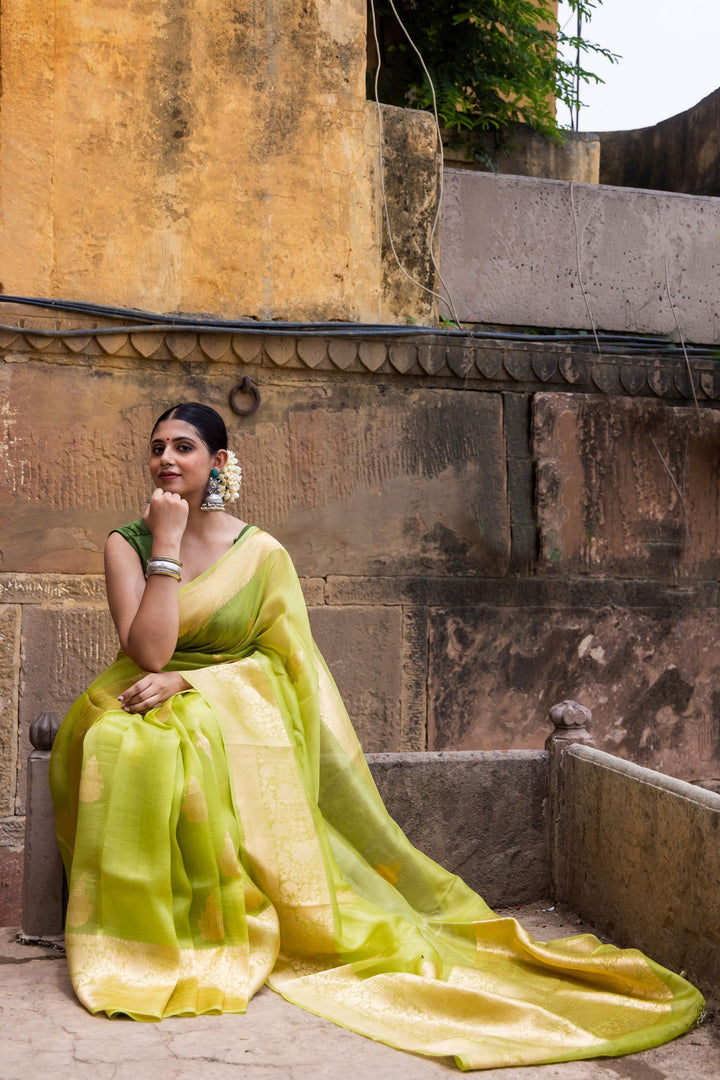 Handloom Parrot Green Pure Kora Organza Banarsi Saree - Mayrake