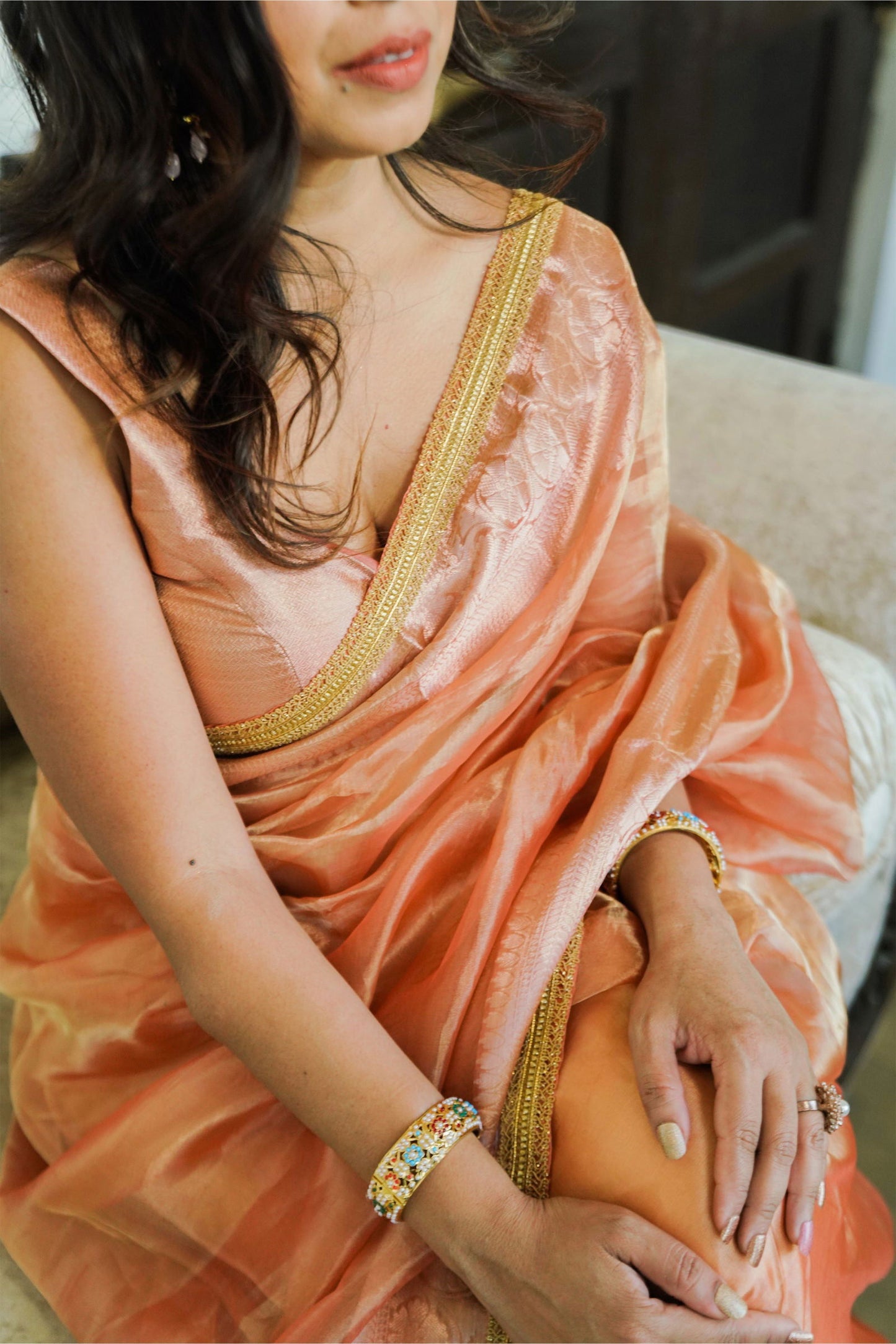 Handloom Peach Pink Pure Katan Tissue Silk Banarasi Saree - Mayrake.in