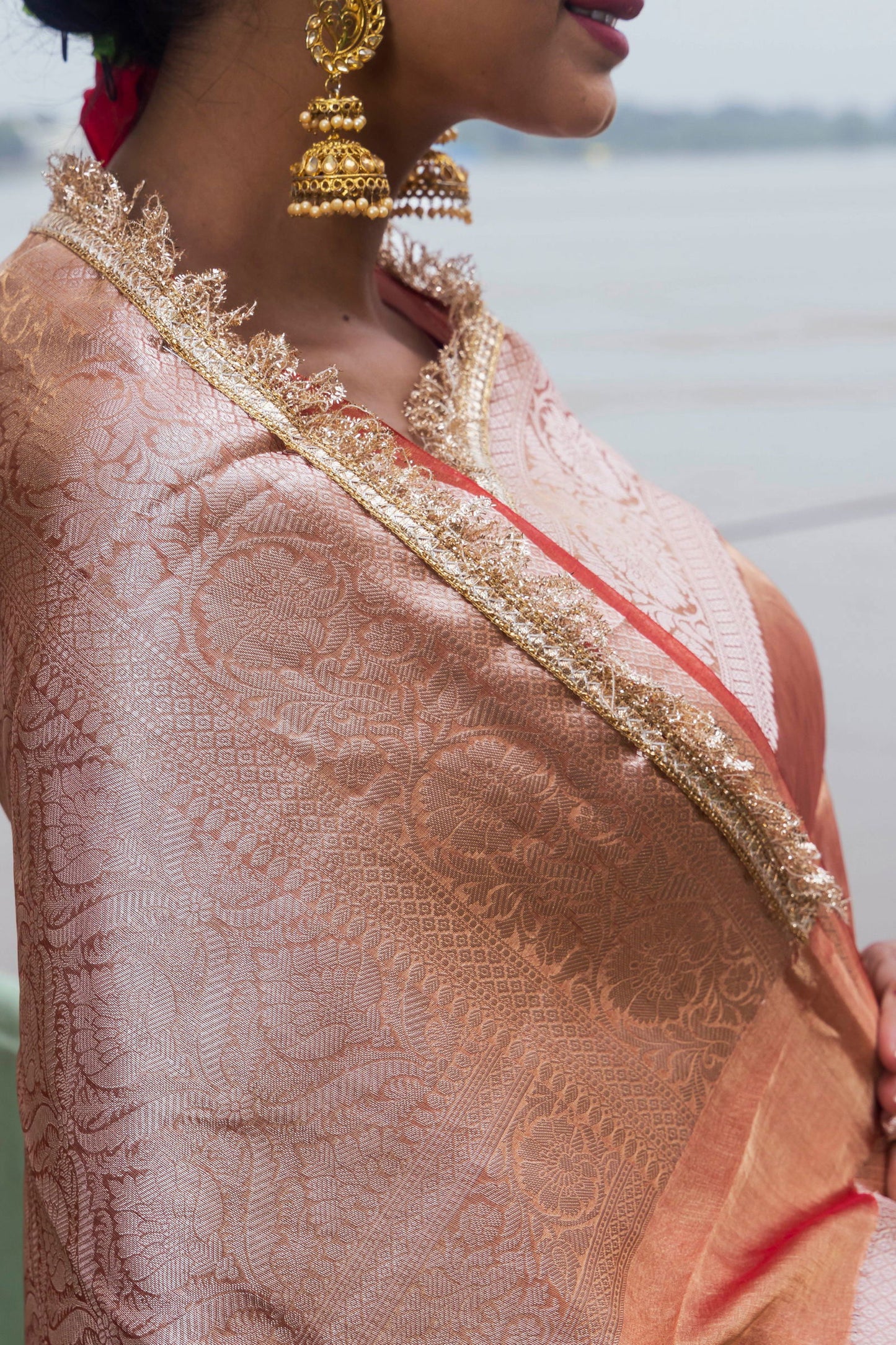 Handloom Peach Pure Katan Tissue Silk Banarasi Saree - Mayrake.in