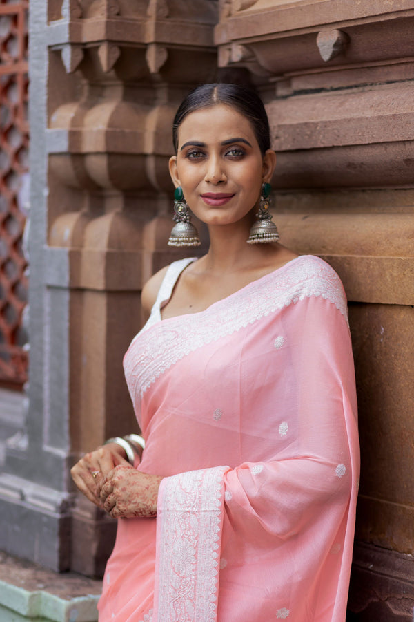 Handloom Peach  Pure Khaddi Chiffon Banarsi Saree - Mayrake