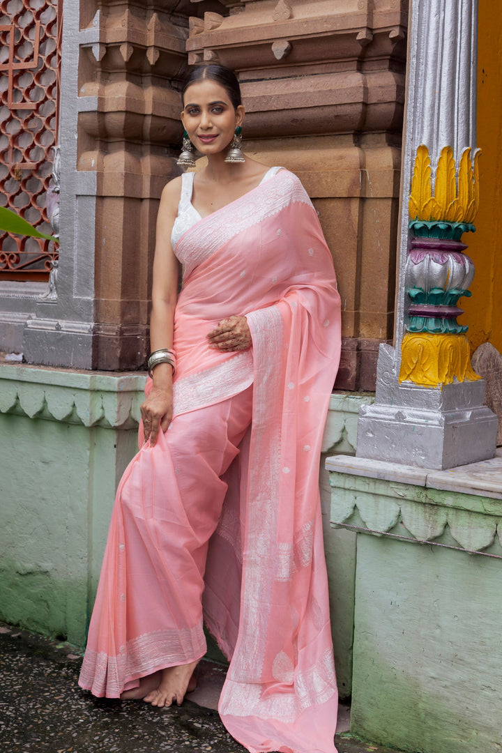 Handloom Peach  Pure Khaddi Chiffon Banarsi Saree - Mayrake