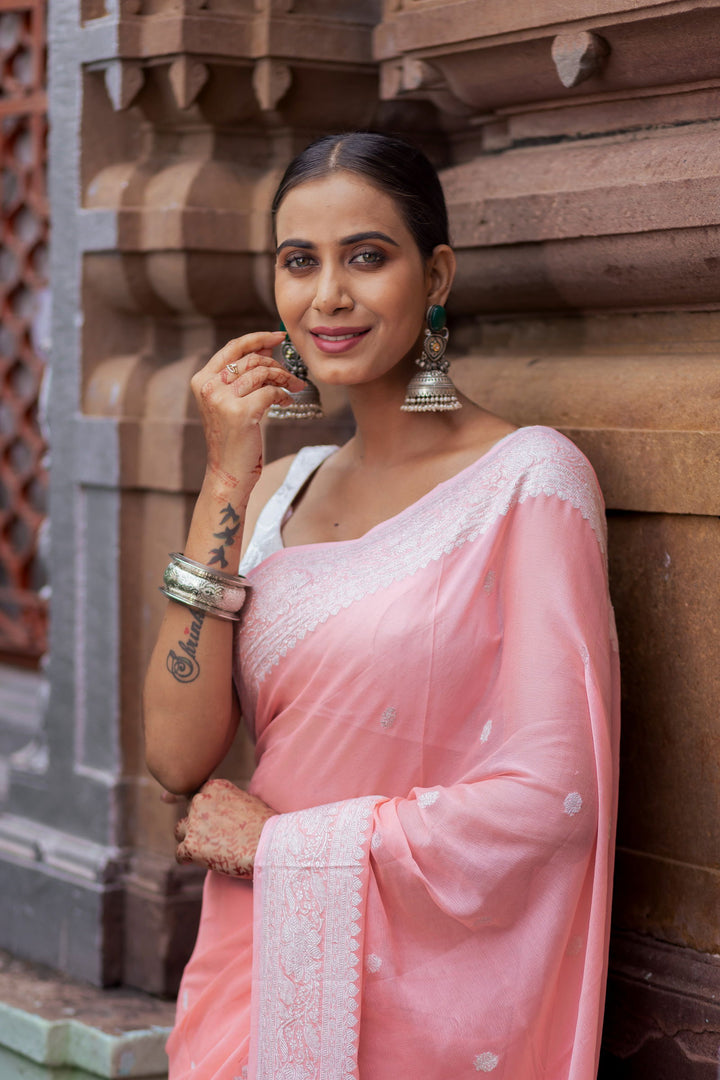 Handloom Peach  Pure Khaddi Chiffon Banarsi Saree - Mayrake