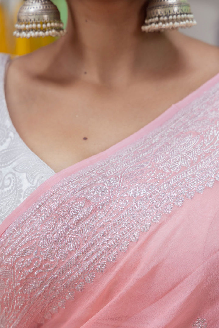 Handloom Peach  Pure Khaddi Chiffon Banarsi Saree - Mayrake