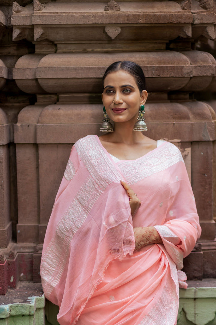 Handloom Peach  Pure Khaddi Chiffon Banarsi Saree - Mayrake