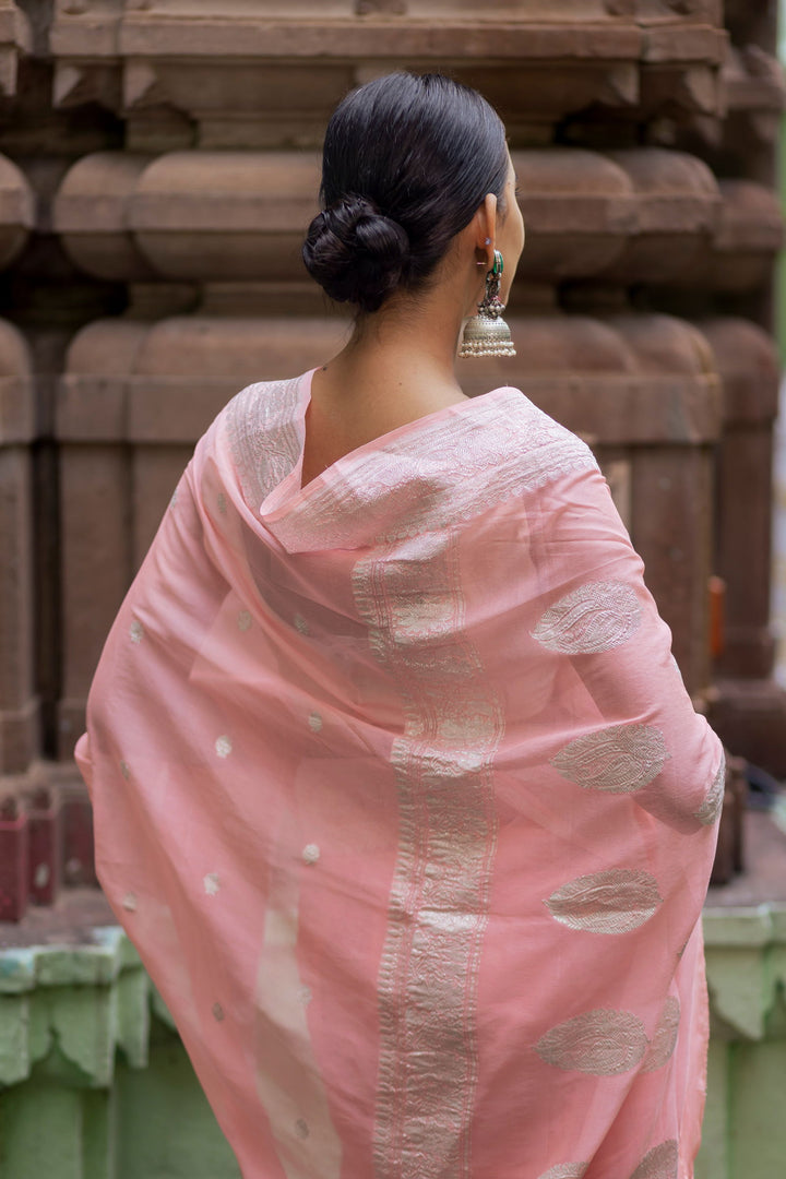Handloom Peach  Pure Khaddi Chiffon Banarsi Saree - Mayrake