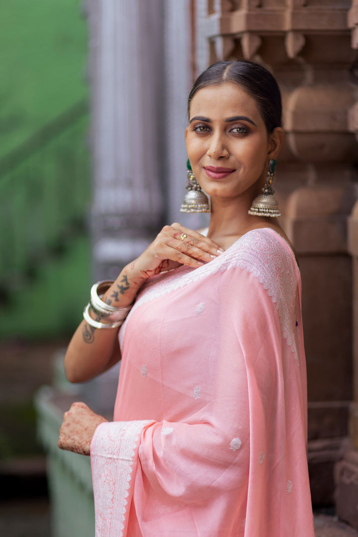 Handloom Peach  Pure Khaddi Chiffon Banarsi Saree - Mayrake