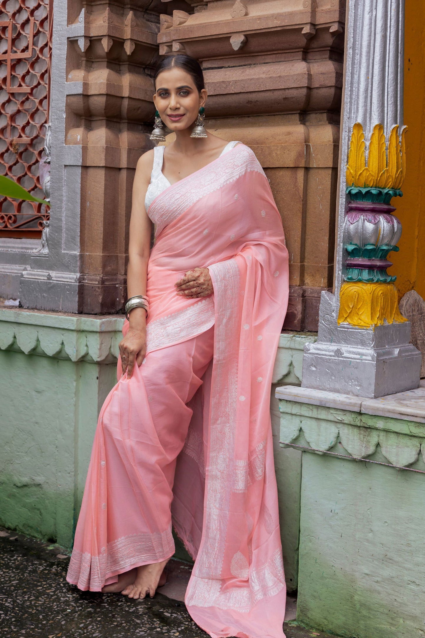 Handloom Peach Pure Khadi Chiffon Banarasi Saree - Mayrake.in