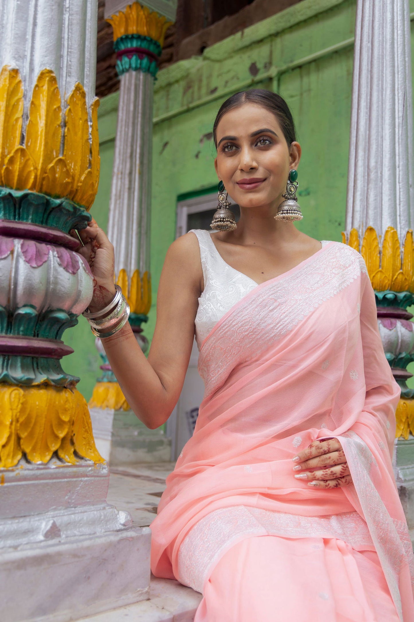 Handloom Peach Pure Khadi Chiffon Banarasi Saree - Mayrake.in