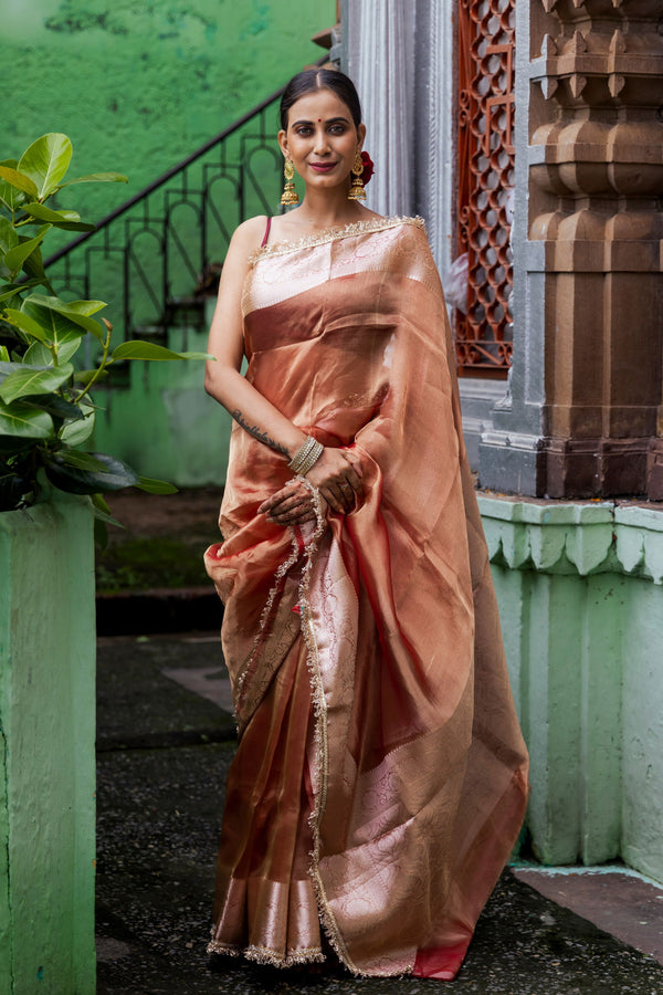 Handloom  Peach Pure Tissue Silk Banarsi Saree - Mayrake