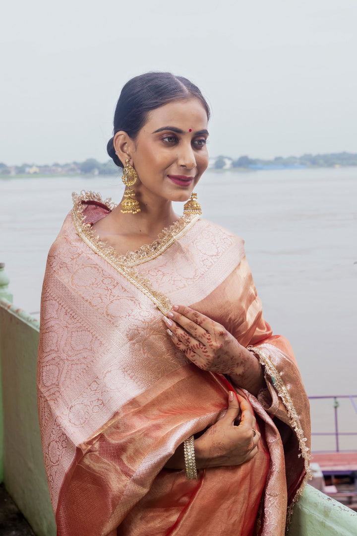 Handloom  Peach Pure Tissue Silk Banarsi Saree - Mayrake