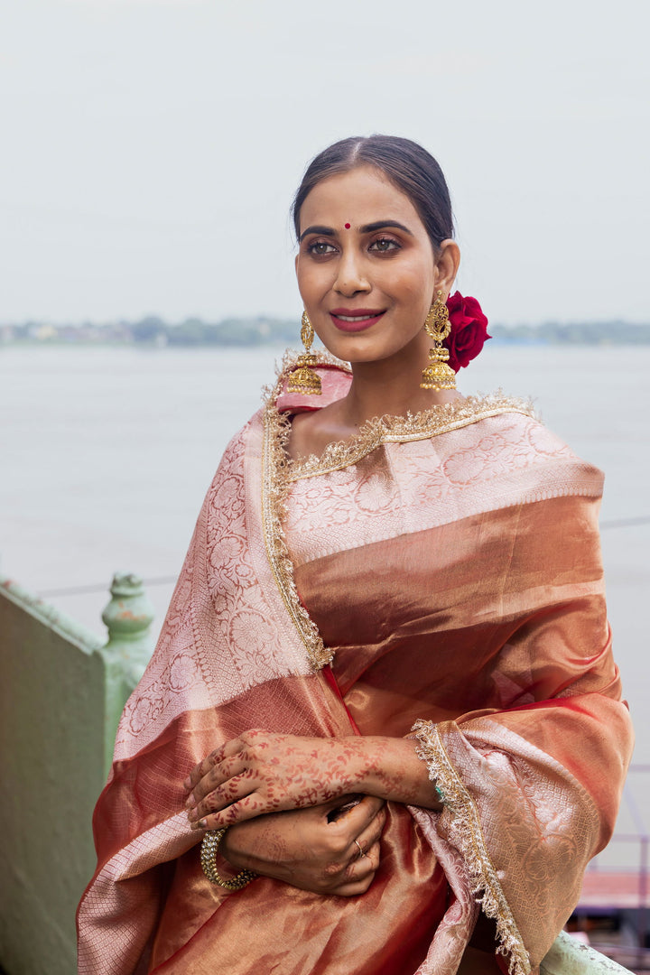 Handloom  Peach Pure Tissue Silk Banarsi Saree - Mayrake
