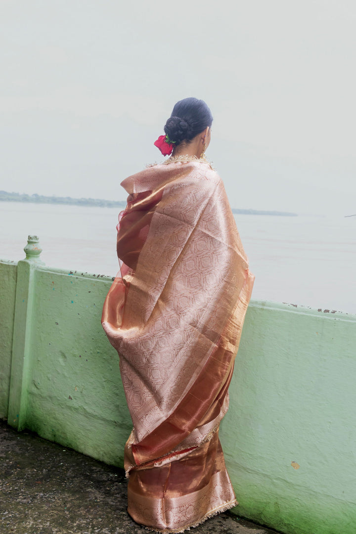 Handloom  Peach Pure Tissue Silk Banarsi Saree - Mayrake
