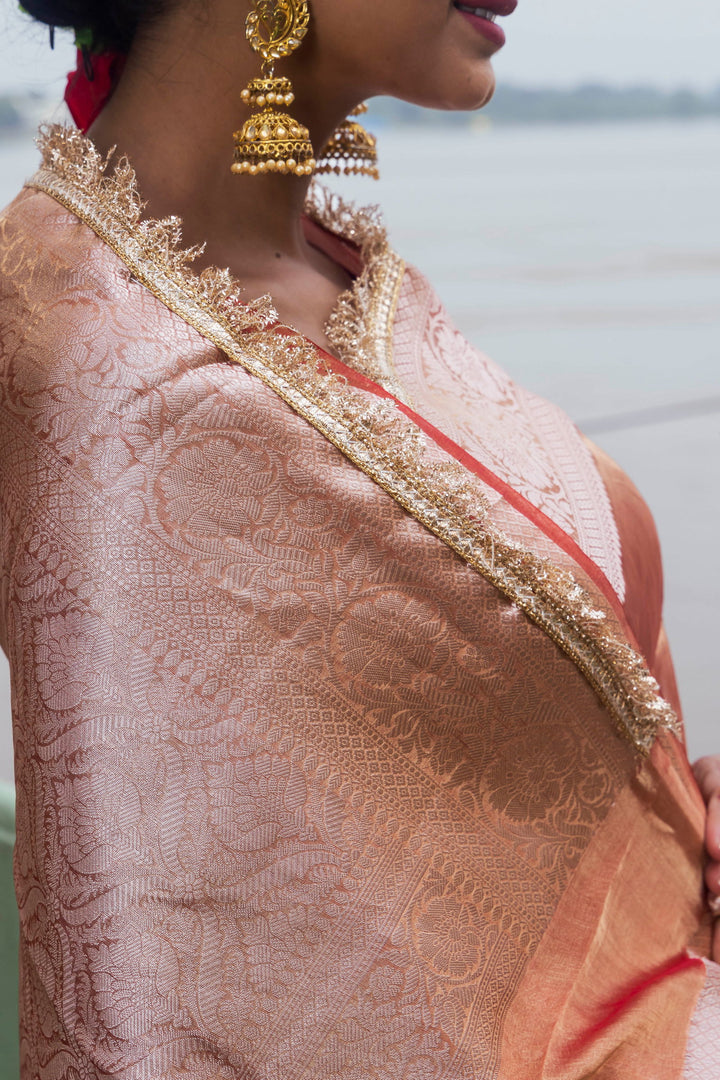 Handloom  Peach Pure Tissue Silk Banarsi Saree - Mayrake